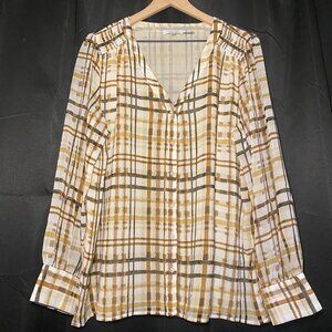 Calvin Klein V-Neck Button Front Blouse Womens XL Beige Tartan Plaid Lined EUC